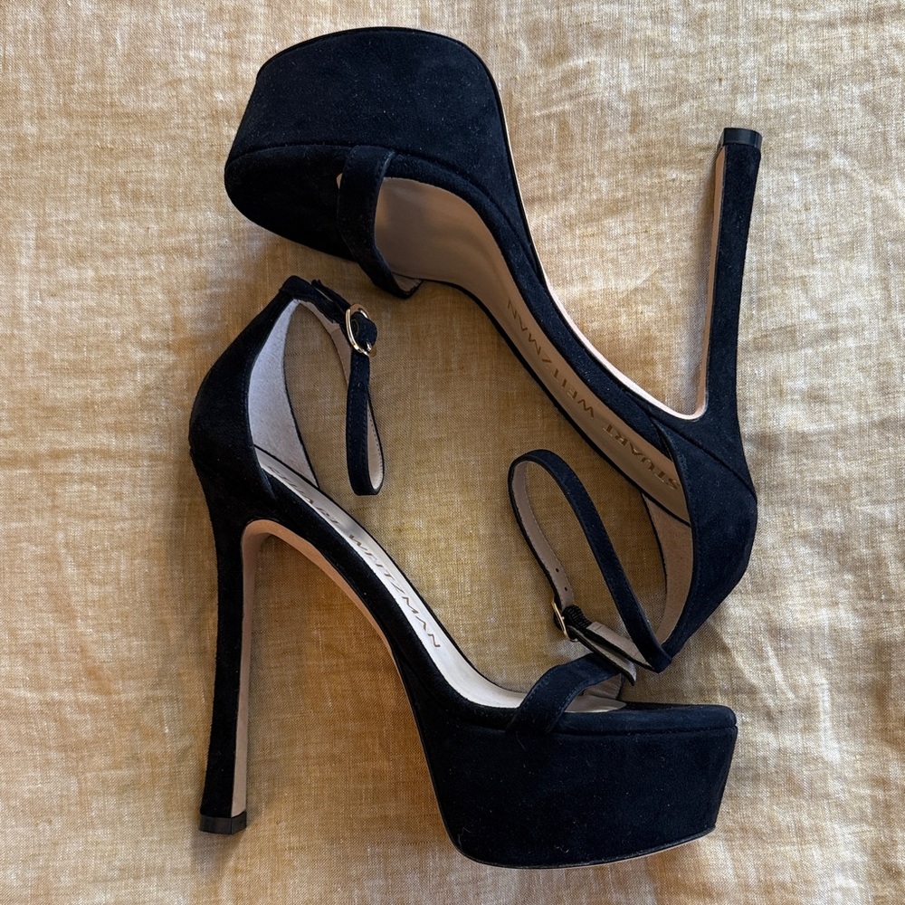 Stuart Weitzman Black Suede Platform Ankle-Strap Stilettos